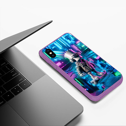 Чехол iPhone XS Max матовый Необычный Барт Симпсон в ночном неоновом городе / 3D-Фиолетовый – фото 3