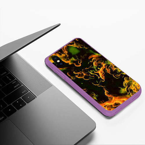 Чехол iPhone XS Max матовый Жёлтое огненное пламя инферно - inferno yellow / 3D-Фиолетовый – фото 3