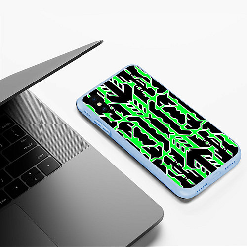 Чехол iPhone XS Max матовый Техно зелёные линии с белой обводкой на чёрном фон / 3D-Голубой – фото 3