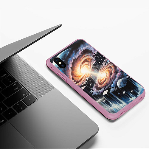 Чехол iPhone XS Max матовый Слияние двух галактик - неоновое свечение / 3D-Розовый – фото 3