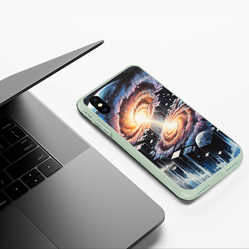 Чехол iPhone XS Max матовый Слияние двух галактик - неоновое свечение / 3D-Салатовый – фото 3