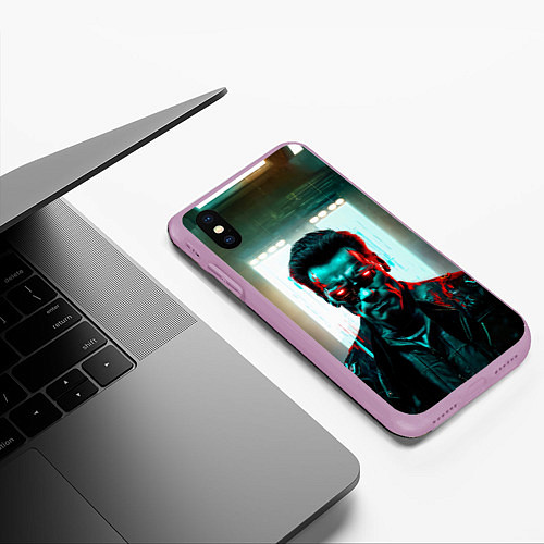 Чехол iPhone XS Max матовый Киберпанк портрет терминатора / 3D-Сиреневый – фото 3