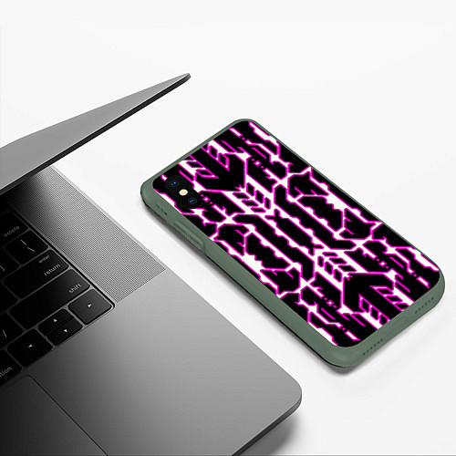 Чехол iPhone XS Max матовый Техно белые линии с розовой обводкой на чёрном фон / 3D-Темно-зеленый – фото 3