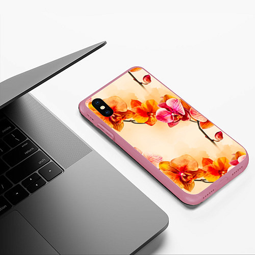 Чехол iPhone XS Max матовый Оранжевые орхидеи акварельные / 3D-Малиновый – фото 3