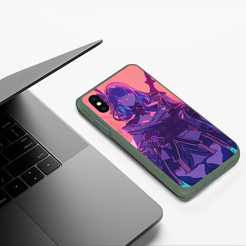 Чехол iPhone XS Max матовый Genshin Impact Эи Райден Баал draw / 3D-Темно-зеленый – фото 3