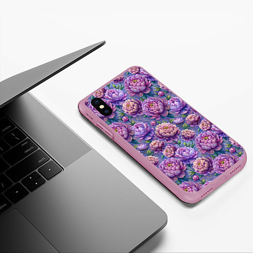Чехол iPhone XS Max матовый Крупные пионы садовые дачные цветы паттерн / 3D-Розовый – фото 3