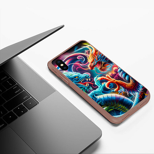 Чехол iPhone XS Max матовый Противостояние двух драконов - ирезуми / 3D-Коричневый – фото 3