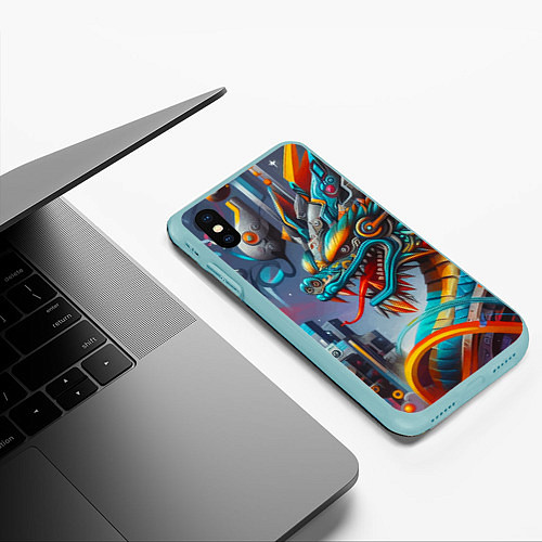 Чехол iPhone XS Max матовый Фантастическая композиция с драконом - нейросеть / 3D-Мятный – фото 3