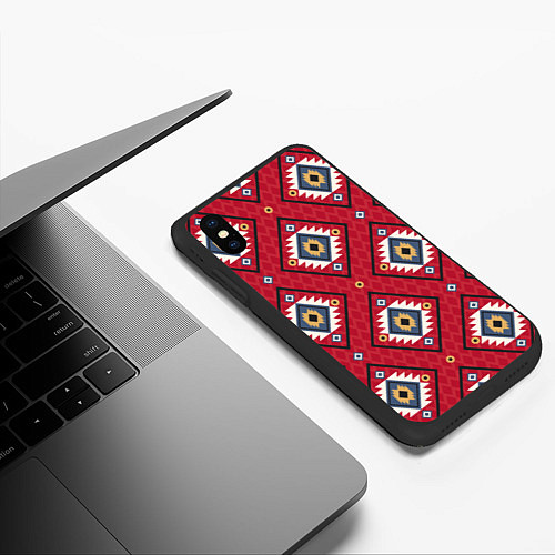 Чехол iPhone XS Max матовый Этнические ромбы на красном / 3D-Черный – фото 3