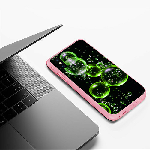 Чехол iPhone XS Max матовый Зеленые пузыри на черном / 3D-Баблгам – фото 3