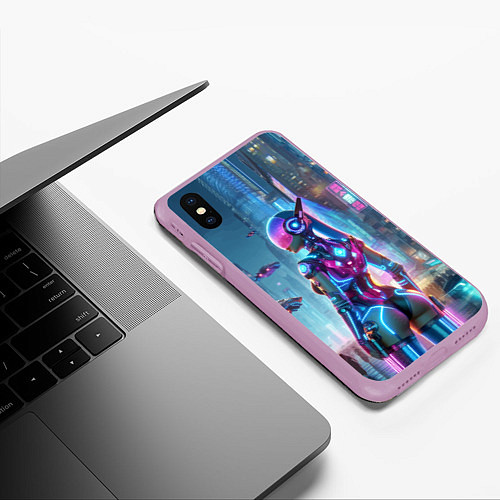 Чехол iPhone XS Max матовый Cyberpunk girl - neon glow ai art / 3D-Сиреневый – фото 3