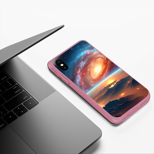 Чехол iPhone XS Max матовый Разноцветная далёкая галактика - неоновое свечение / 3D-Малиновый – фото 3