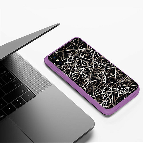 Чехол iPhone XS Max матовый Белые линии на чёрном фоне / 3D-Фиолетовый – фото 3