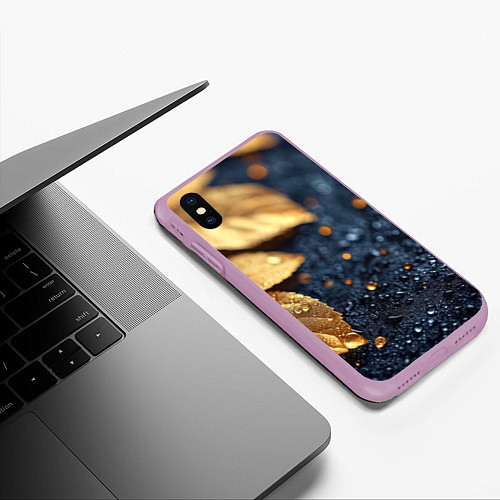 Чехол iPhone XS Max матовый Золотые листья на темном фоне / 3D-Сиреневый – фото 3
