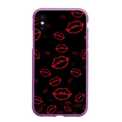 Чехол iPhone XS Max матовый Паттерн красные губы на черном - lips red, цвет: 3D-фиолетовый