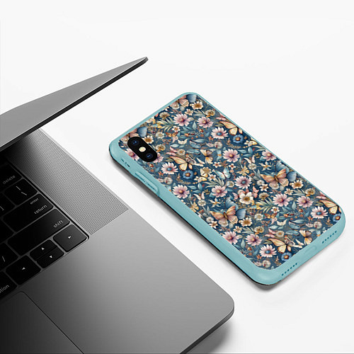 Чехол iPhone XS Max матовый Летний узор с цветами и бабочками / 3D-Мятный – фото 3
