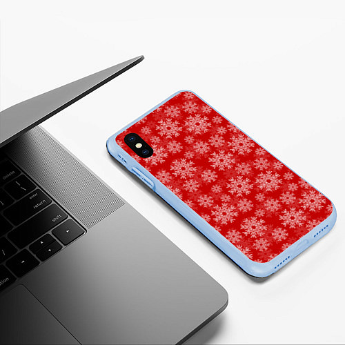 Чехол iPhone XS Max матовый Снежинки на красном фоне / 3D-Голубой – фото 3