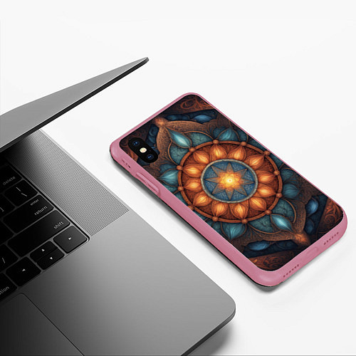 Чехол iPhone XS Max матовый Симметричный орнамент - мандала узор со светящейся / 3D-Малиновый – фото 3