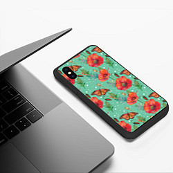 Чехол iPhone XS Max матовый Красные маки и бабочка монарх, цвет: 3D-черный — фото 2