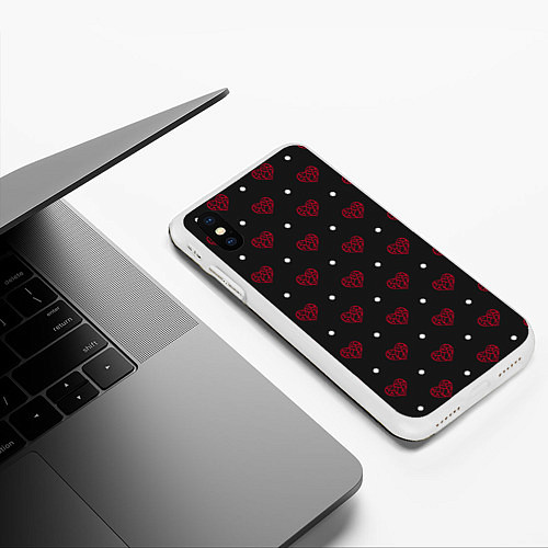 Чехол iPhone XS Max матовый Красные сердечки и белые точки на черном / 3D-Белый – фото 3