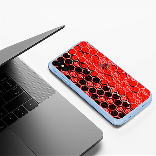 Чехол iPhone XS Max матовый Техно-киберпанк шестиугольники красный и чёрный с / 3D-Голубой – фото 3