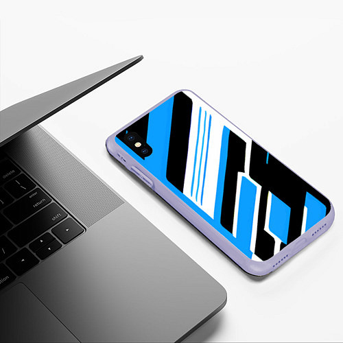 Чехол iPhone XS Max матовый Бело-синие полосы на чёрном фоне / 3D-Светло-сиреневый – фото 3