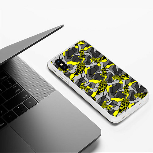 Чехол iPhone XS Max матовый Шестиугольная текстура желтого камуфляжа / 3D-Белый – фото 3