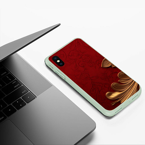 Чехол iPhone XS Max матовый Объемный золотой лист на красном текстурном фоне / 3D-Салатовый – фото 3