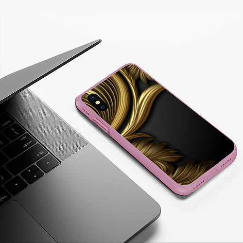 Чехол iPhone XS Max матовый Золотые объемные листья на черном / 3D-Розовый – фото 3