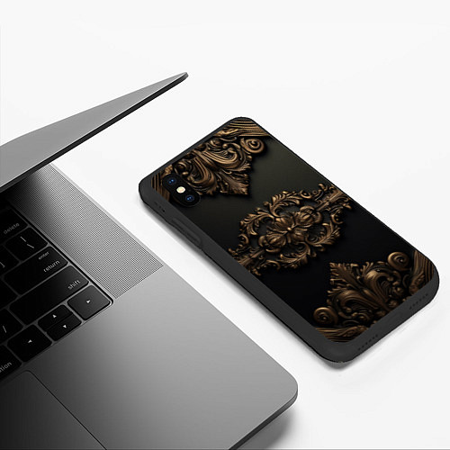 Чехол iPhone XS Max матовый Объемные темные золотые узоры / 3D-Черный – фото 3