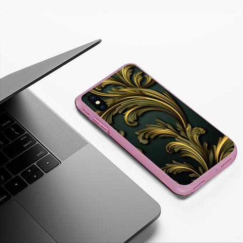 Чехол iPhone XS Max матовый Золотые старые темные узоры / 3D-Розовый – фото 3