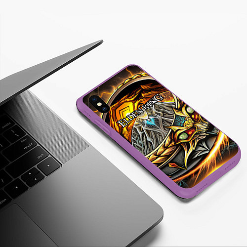 Чехол iPhone XS Max матовый Elden Ring лого и волшебное золотое кольцо / 3D-Фиолетовый – фото 3