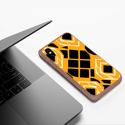 Чехол iPhone XS Max матовый Чёрные квадраты и белые полосы на оранжевом фоне / 3D-Коричневый – фото 3