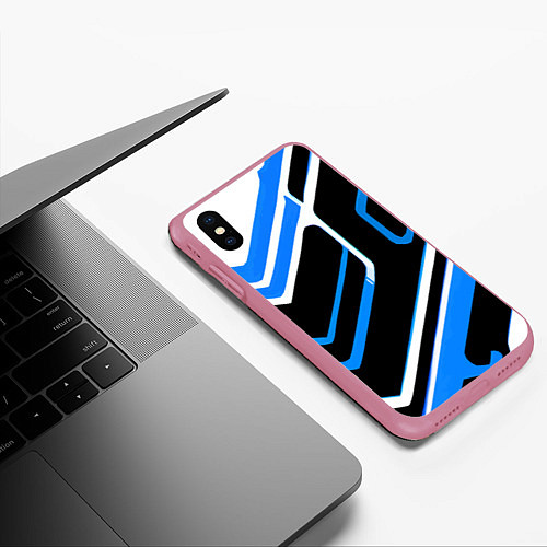 Чехол iPhone XS Max матовый Бело-синие линии на чёрном фоне / 3D-Малиновый – фото 3