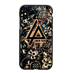 Чехол iPhone XS Max матовый Linkin park на фоне рун масок черепов и молота тор, цвет: 3D-черный