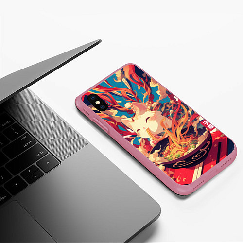 Чехол iPhone XS Max матовый Cat and ramen / 3D-Малиновый – фото 3