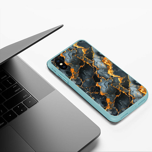 Чехол iPhone XS Max матовый Черный мрамор с золотом / 3D-Мятный – фото 3