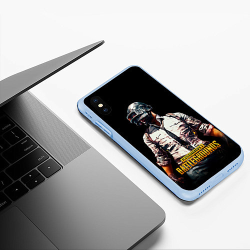 Чехол iPhone XS Max матовый PUBG игрок на закате черный фон / 3D-Голубой – фото 3