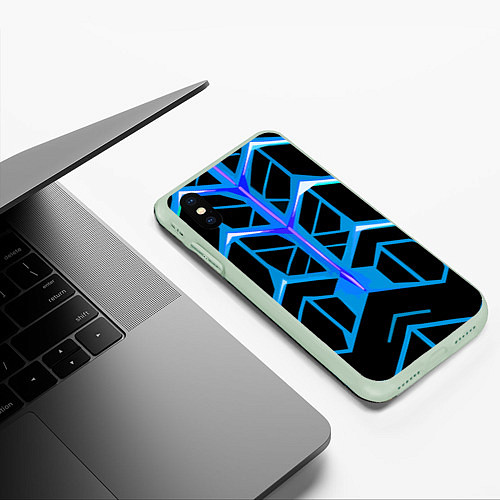 Чехол iPhone XS Max матовый Blue lines on a black background / 3D-Салатовый – фото 3