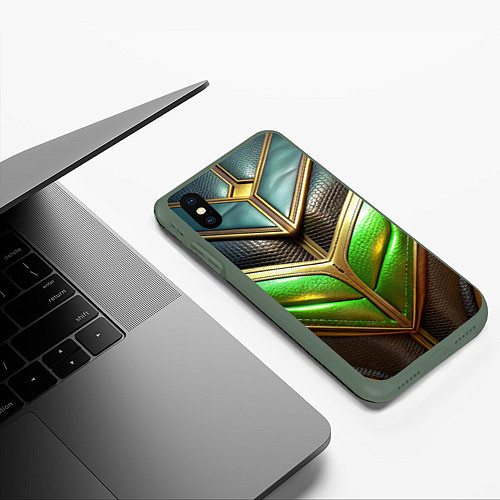 Чехол iPhone XS Max матовый Футуристичная объемная текстура из кожи / 3D-Темно-зеленый – фото 3