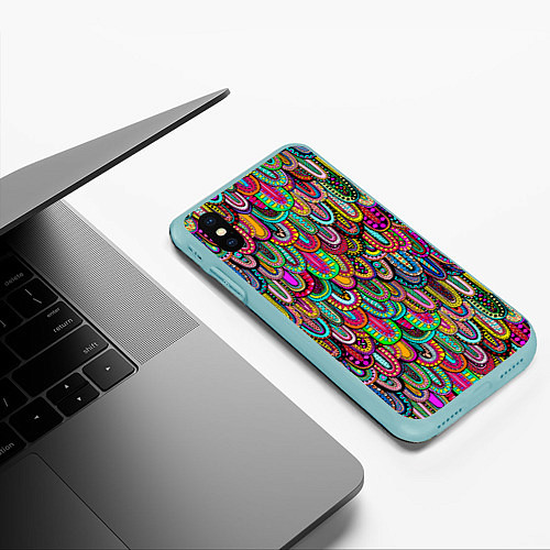 Чехол iPhone XS Max матовый Абстрактные перья в стиле бохо / 3D-Мятный – фото 3