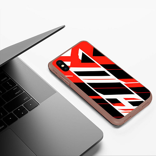 Чехол iPhone XS Max матовый Black and red stripes on a white background / 3D-Коричневый – фото 3