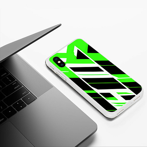 Чехол iPhone XS Max матовый Black and green stripes on a white background / 3D-Белый – фото 3