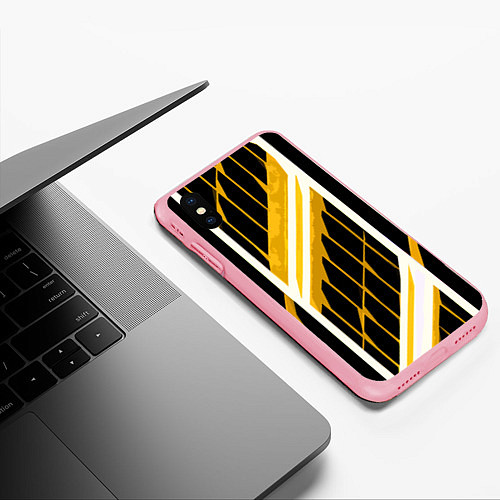 Чехол iPhone XS Max матовый Бело-жёлтые линии на чёрном фоне / 3D-Баблгам – фото 3