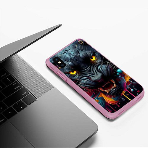 Чехол iPhone XS Max матовый Оскал свирепой пантеры - нейросеть / 3D-Розовый – фото 3