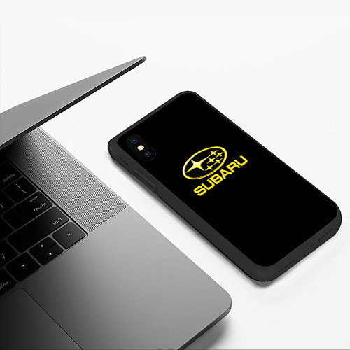 Чехол iPhone XS Max матовый Subaru logo yellow / 3D-Черный – фото 3