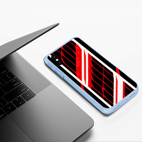 Чехол iPhone XS Max матовый Red and white lines on a black background / 3D-Голубой – фото 3