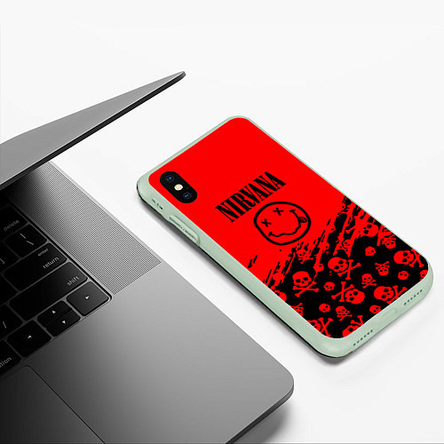 Чехол iPhone XS Max матовый Nirvana rock skull / 3D-Салатовый – фото 3