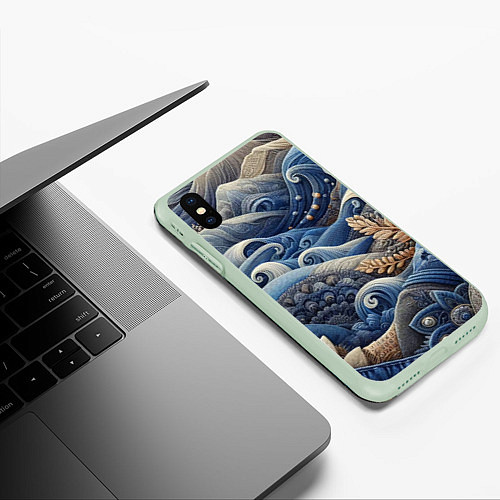 Чехол iPhone XS Max матовый Джинсовые волны - нейросеть / 3D-Салатовый – фото 3