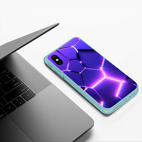 Чехол iPhone XS Max матовый Фиолетовые плиты с розовым свечением / 3D-Мятный – фото 3